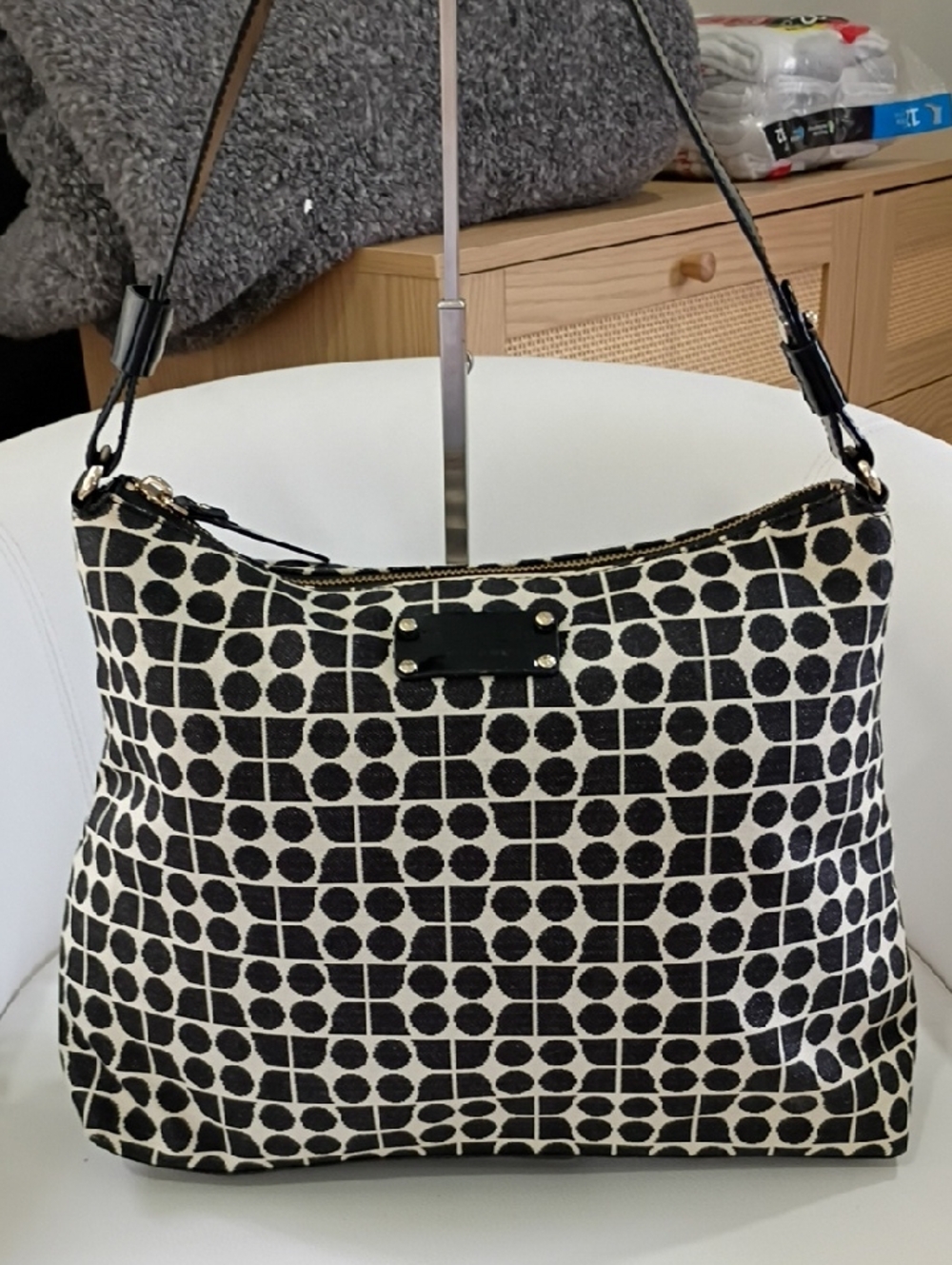 Kate Spade Black and White Geometric Canvas Shoulder Bag